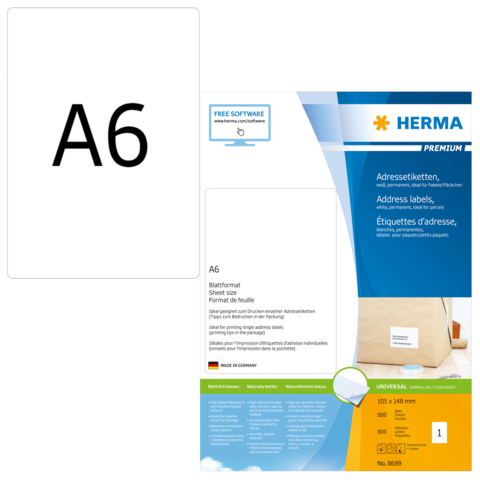A6 Adressetiketten von HERMA, inklusive kostenloser Software, für den Druck von Adressaufklebern. Verpackungsdetails und Maße sind angegeben.