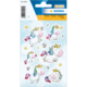 Bunte Einhorn-Sticker mit verschiedenen Posen, umgeben von Sternen und Schmetterlingen, auf einer hellen Hintergrundkarte.