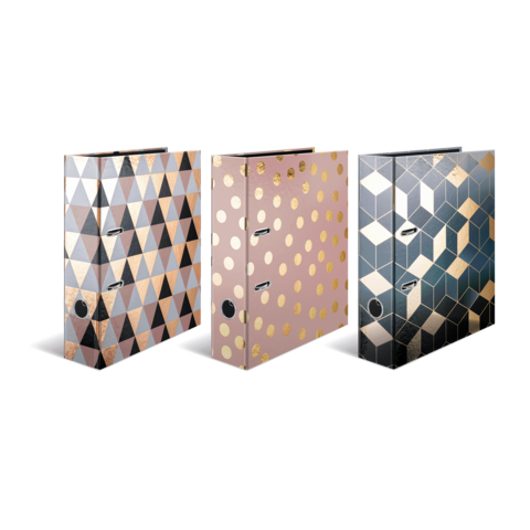 Drei Ordner mit verschiedenen geometrischen Mustern in Gold, Schwarz und Rosa, die auf einem weißen Hintergrund stehen.