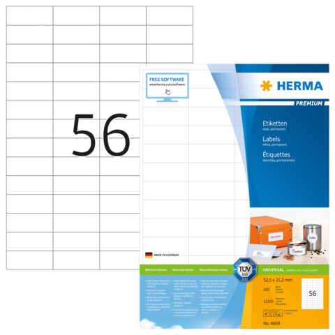 Etikettenblatt mit 56 Etiketten pro Seite, inklusive Produktinformationen und Softwarehinweis. Hersteller: Herma, Made in Germany.