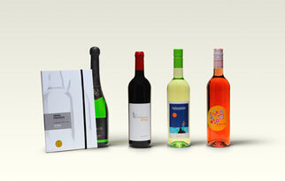 A selection of four wine bottles in different colours, next to a book about wines. The bottles include sparkling wine, red wine, white wine, and ros.