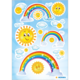 Bunte Aufkleber mit Sonnen, Regenbögen und Wolken auf einem hellblauen Hintergrund.
