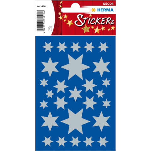 Blaue Sticker mit verschiedenen silbernen Sternen in unterschiedlichen Größen und Formen, verpackt in einer dekorativen Folie.