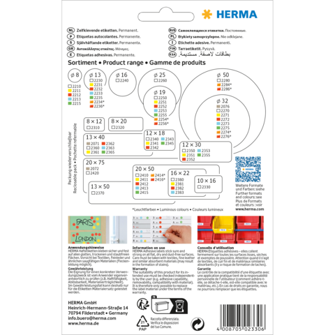 Produktübersicht mit verschiedenen Etikettengrößen und -farben von Herma, einschließlich Anwendungsinformationen und QR-Code.