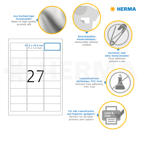 Etikettenblatt mit 27 abtrennbaren Etiketten, hergestellt aus hochwertigem Acetatseide, rückstandslos wiederablösbar und für Laserdrucker geeignet.