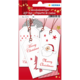 Geschenkanhänger mit Weihnachtsmotiven, darunter ein Weihnachtsmann und der Text "Merry Christmas" in verschiedenen Designs und Farben.