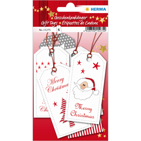 Geschenkanhänger mit Weihnachtsmotiven, darunter ein Weihnachtsmann und der Text "Merry Christmas" in verschiedenen Designs und Farben.