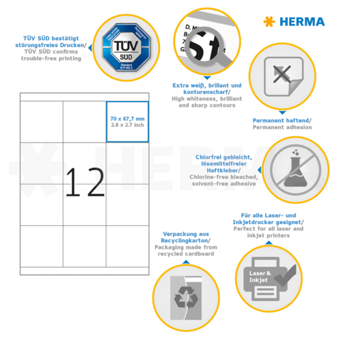 Etikettenblatt mit der Nummer 12, Informationen zu Druckqualität, Haftung, Recycling und Verwendung für Laser- und Inkjetdrucker.