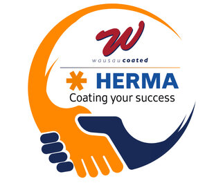 Logo of Wausau Coated featuring the words 'HERMA' and 'Coating your success,' framed by two hands in different colours.