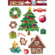 Weihnachtliche Fensterdekoration mit einem Tannenbaum, Geschenken, einer Lebkuchenhaus, Kerzen, Süßigkeiten und einem Kranz.