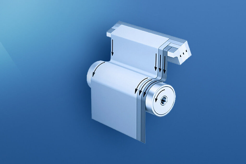 Toilet paper holder with a roll of toilet paper, against a blue background.