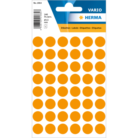 Packung mit 240 orangefarbenen runden Etiketten, Durchmesser 13 mm, für verschiedene Beschriftungszwecke.