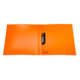 Ein offenes, leuchtend orangefarbenes Ordnersystem mit einem schwarzen Clip in der Mitte.