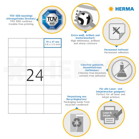 Selbstklebende Etiketten mit den Maßen 70 x 37 mm, geeignet für Laser- und Inkjetdrucker, umweltfreundlich und permanent haftend.