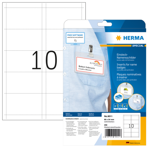 Namensschild-Einleger von Herma, mit Platz für einen Namen und Titel, verpackt in einer transparenten Hülle. Enthält 10 Einleger.