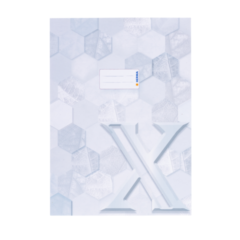 Ein weißes Notizbuch mit hexagonalem Muster und einem Platz für eine Beschriftung auf der Vorderseite.