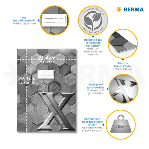 High-quality cardboard with a hexagonal pattern, a writable field, and sturdy edges. Contains information about the material and its properties.