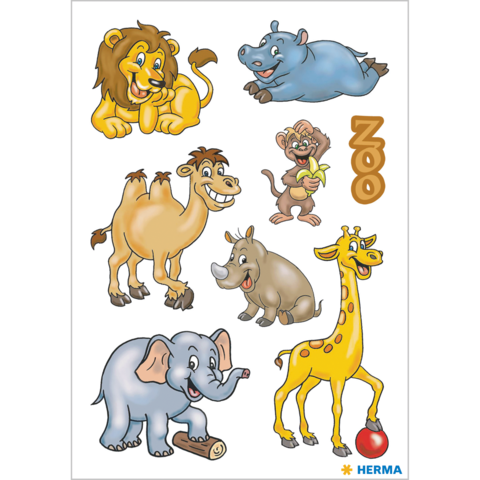 Bunte Tierillustrationen aus einem Zoo, darunter ein Löwe, Nilpferd, Kamel, Maus, Nashorn, Elefant und eine Giraffe.