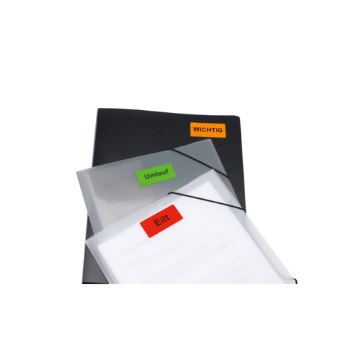 Schwarzes Ordnersystem mit drei transparenten Hüllen, beschriftet mit "WICHTIG", "Umlauf" und "Elite".