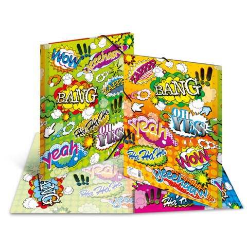 Bunte Sammelmappe mit verschiedenen Comic-ähnlichen Ausdrücken wie "BANG", "WOW" und "YEAH" auf der Vorder- und Rückseite.