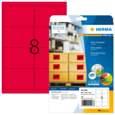 Neon-Etiketten in roter Farbe, verpackt in einer transparenten Hülle, mit der Aufschrift "HERMA SPECIAL" und der Artikelnummer 5046.