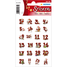 Aufkleber mit Zahlen von 1 bis 24, verziert mit weihnachtlichen Motiven wie Santa Claus und Geschenken.