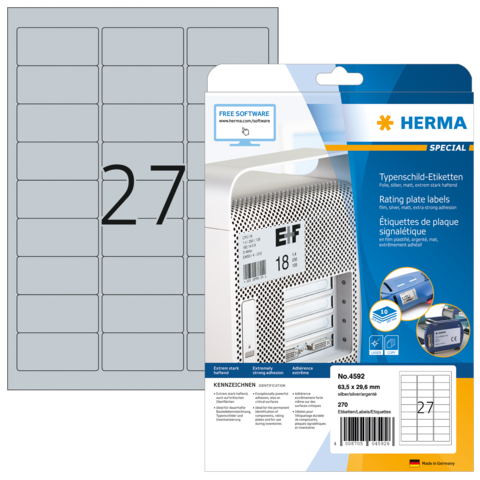 Typenschild-Etiketten von Herma, Packung mit 27 Etiketten, inklusive Software-Hinweis für die Gestaltung.