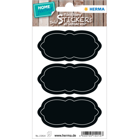 Schwarze Tafelsprüche-Sticker in drei dekorativen Formen, ideal zum Beschriften und Dekorieren von Oberflächen.