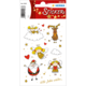 Aufkleber mit verschiedenen weihnachtlichen Motiven: Engel, ein Rentier, ein Weihnachtsmann und Herzen, umgeben von goldenen Sternen.