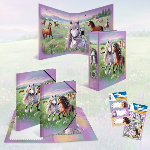 A set of school supplies, including folders and stickers, featuring illustrations of horses in a green landscape.