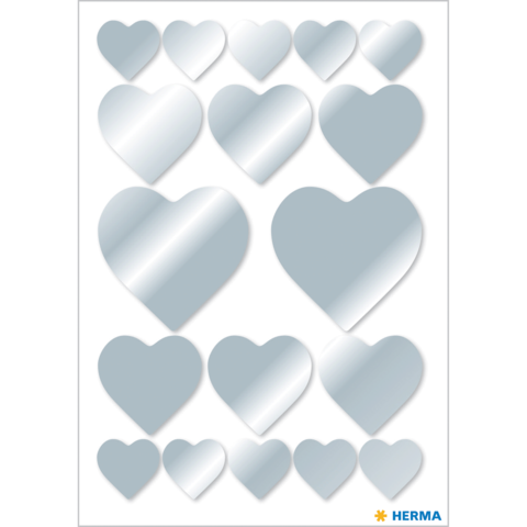 Silberne Herzaufkleber in verschiedenen Größen auf einem weißen Hintergrund, insgesamt 16 Herzen.