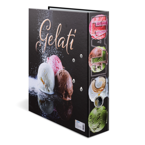 Ein aufgeschlagenes Menü mit dem Titel "Gelati", das verschiedene Eissorten zeigt, darunter Schokoladen-, Erdbeer- und Pistazien-Eis.