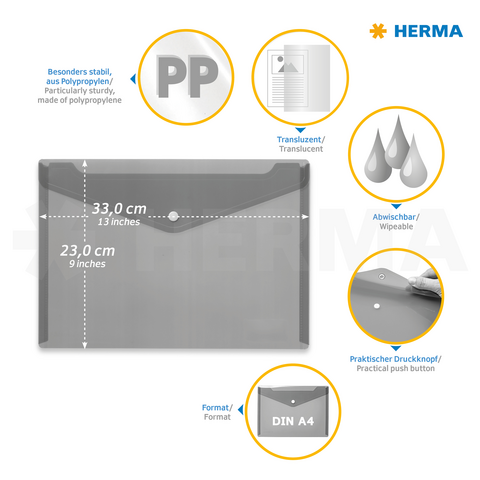 Transparent A4 folder made of polypropylene, wipeable, with a practical snap button and dimensions of 33 cm x 23 cm.
