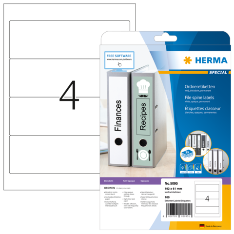 Ordneretiketten für Aktenordner, mit den Aufschriften "Finanzen" und "Rezepte", sowie ein leeres Etikett mit der Nummer 4.