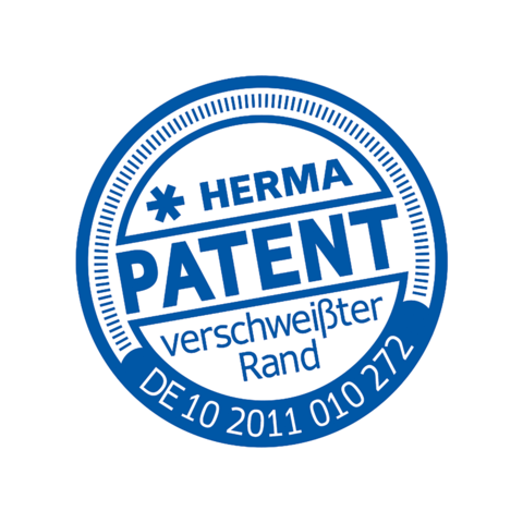 HERMA Patentstempel mit der Aufschrift "verschweißter Rand" und der Patentnummer DE10 2011 010 272.