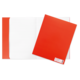 Rotes Heft und Ordner auf einem weißen Hintergrund, das Heft hat liniertes Papier und der Ordner ist geschlossen.