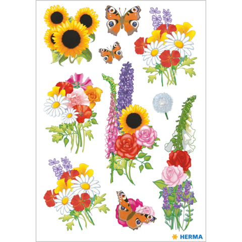 Bunte Blumenarrangements mit Sonnenblumen, Rosen, Gänseblümchen und Schmetterlingen auf weißem Hintergrund.