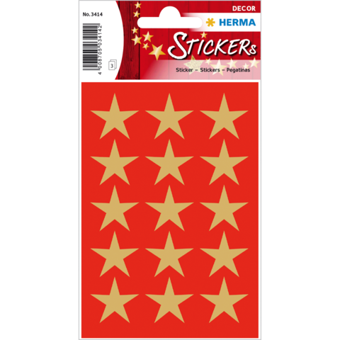 Rote Stickerkarte mit goldenen Sternen in verschiedenen Positionen, insgesamt 16 Sterne. Ideal für Dekoration oder Bastelprojekte.