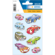 Bunte Aufkleber von cartoonhaften Autos in verschiedenen Farben und Designs, mit lächelnden Gesichtern und unterschiedlichen Stilen.