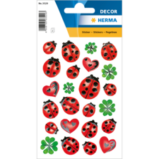 Aufkleberbogen mit verschiedenen Motiven, darunter Marienkäfer, Herzen und Kleeblätter in leuchtenden Farben.