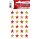 Rote und goldene Sternaufkleber auf einem weißen Blatt, in verschiedenen Größen angeordnet. Ideal für Bastelprojekte.