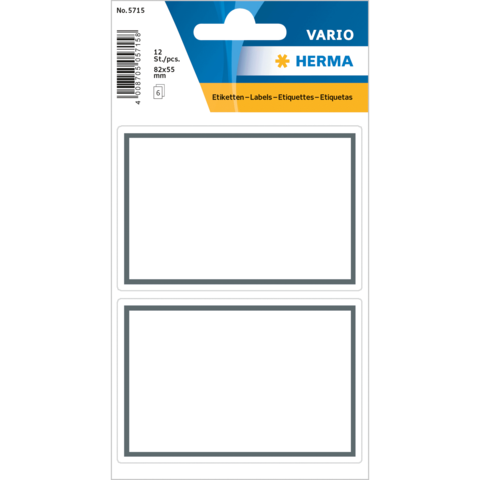 Packung mit 12 leeren Etiketten in zwei Reihen, geeignet für Beschriftungen, mit grauem Rahmen und Aufhängeloch.