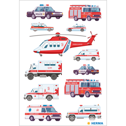 Verschiedene Einsatzfahrzeuge, darunter Polizeiautos, Krankenwagen, Feuerwehrfahrzeuge und ein Hubschrauber, in einem bunten, illustrativen Stil.