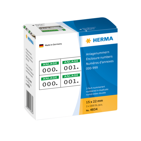 Karton mit Aufklebern für Anlagenummern, 15 x 22 mm, 2 x 1000 Stück, nummeriert von 000 bis 999, Marke HERMA, hergestellt in Deutschland.