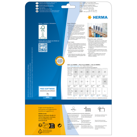 Rückseite einer Verpackung für HERMA Etiketten, mit Informationen zu Software, Anwendungshinweisen und verschiedenen Etikettenmustern.