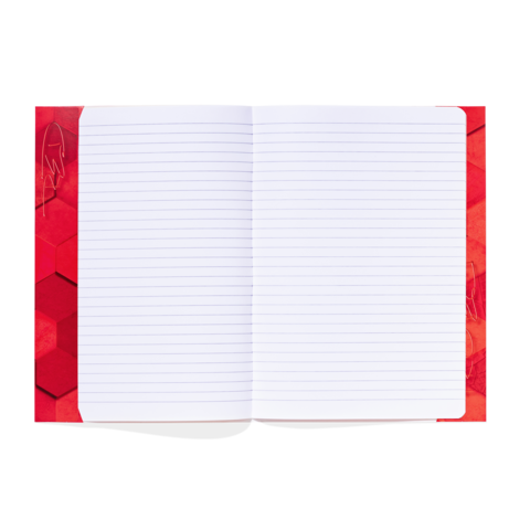 Leeres Notizbuch mit linierten Seiten und einem roten, hexagonalen Muster auf dem Einband.