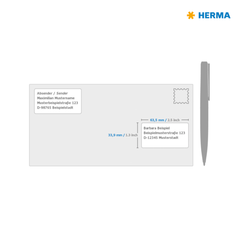 Briefumschlag mit Absender- und Empfängerdaten, einschließlich Adressen und Maßangaben für die Verwendung. Oben rechts ist ein Platz für eine Briefmarke.