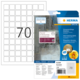 Etikettenbogen mit 70 Etiketten, 24 x 34 mm, von Herma. Verpackung zeigt Anwendungshinweise und Softwareoptionen.