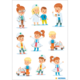 Verschiedene Kinder und Erwachsene in Arzt- und Krankenschwestenkleidung, einige mit medizinischen Utensilien, andere mit einem Krankenwagen.
