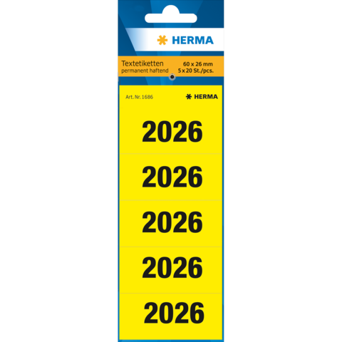 Gelbe Etiketten mit schwarzem Text, beschriftet mit "2026", in einer Packung mit fünf Bögen à 20 Stück.